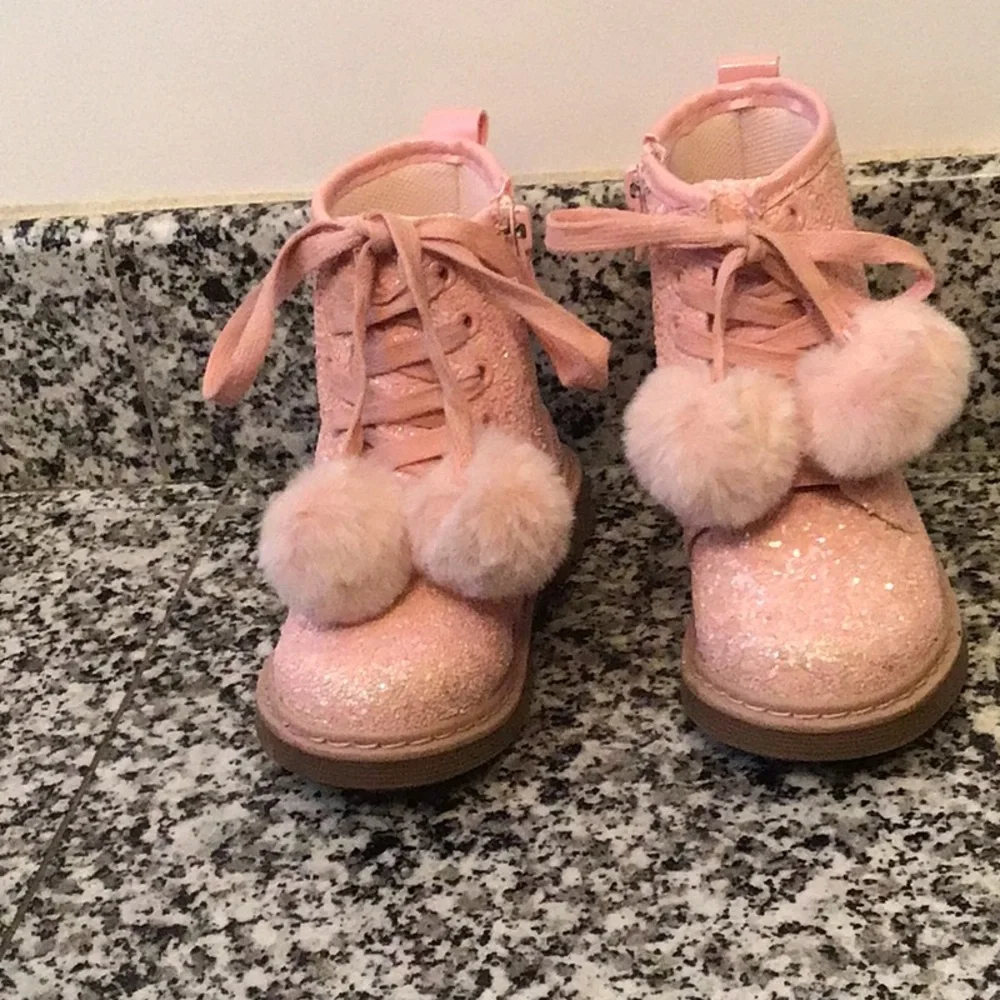 Glittery Pink Kids Boots with Pom Poms